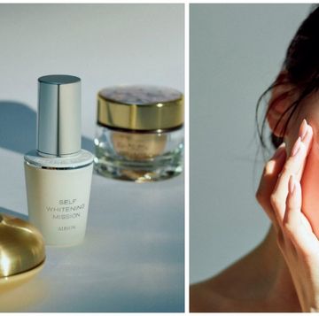 a woman with her hand on her face and a group of perfumes