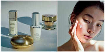 a woman with her hand on her face and a group of perfumes