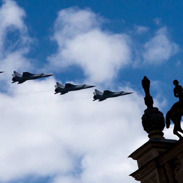Four Mikoyan MiG-31military airplanes fly in formation over Moscow during a rehearsal for the Victory Day military parade to celebrate the 71st anniversary of the victory in WWII
