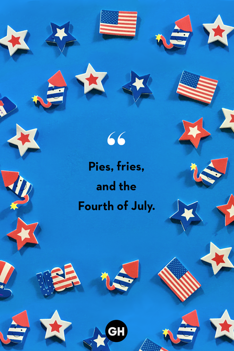 black text on royal blue background with red white and blue stars, flags and fireworks reading pies fries and the fourth of july