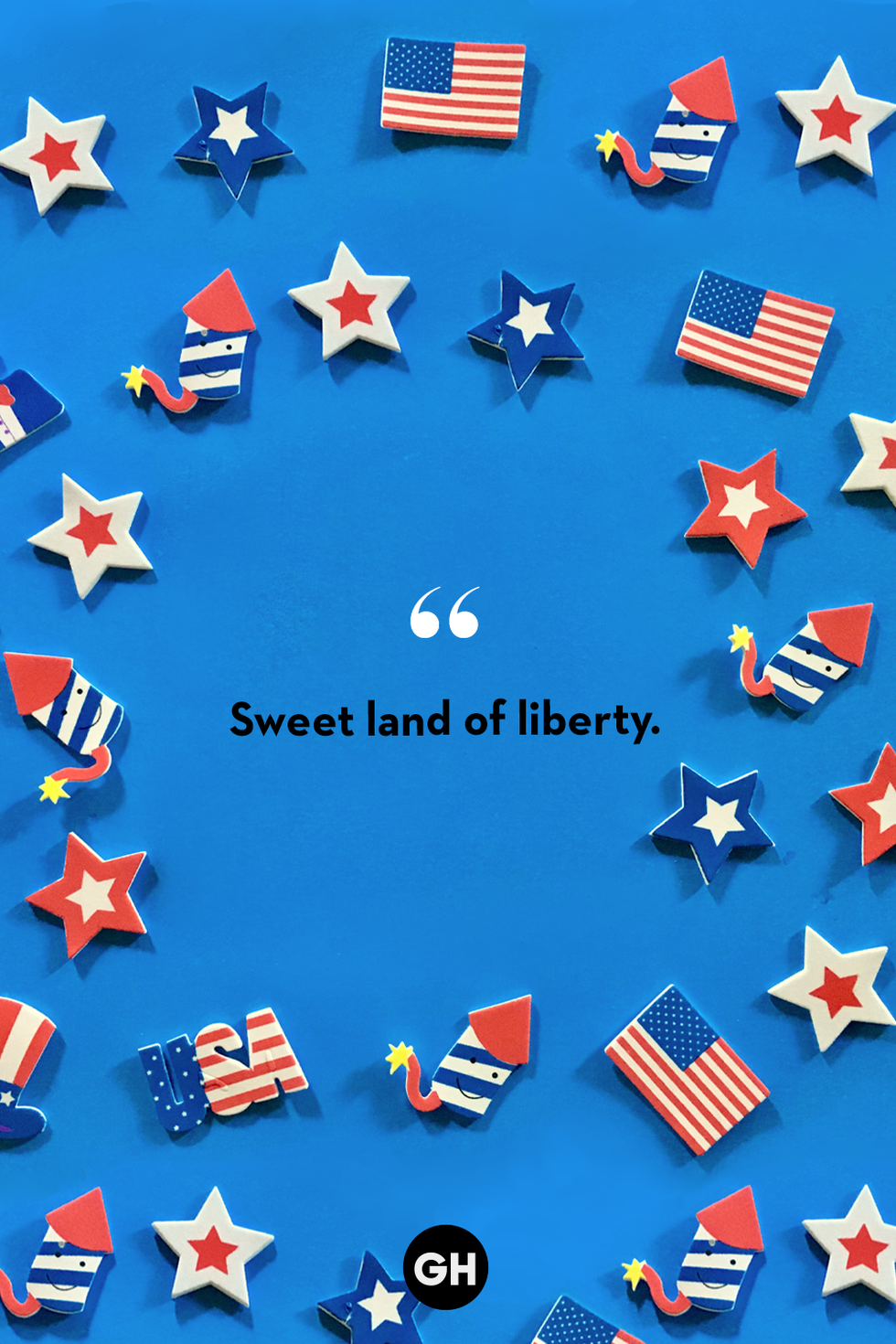 black text on royal blue background with red white and blue stars, flags and fireworks reading sweet land of liberty