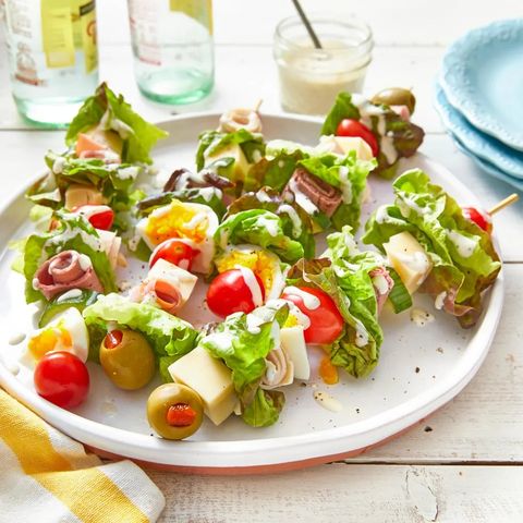 chefs salad on a stick with olives and ranch dressing