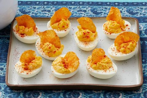 horseradish deviled eggs with bbq chips on top
