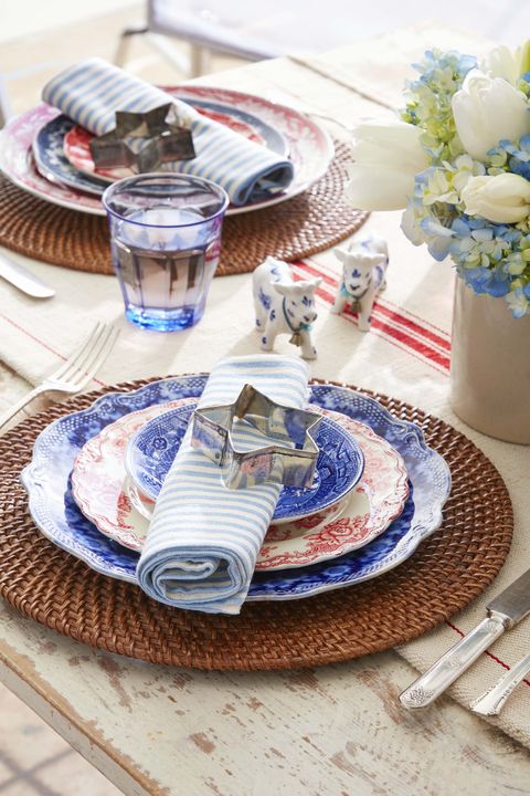 vintage plates red white and blue placesetting