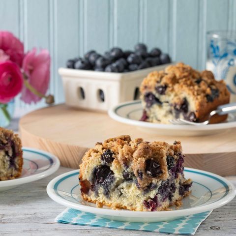 blueberry buckle cake slice on plate
