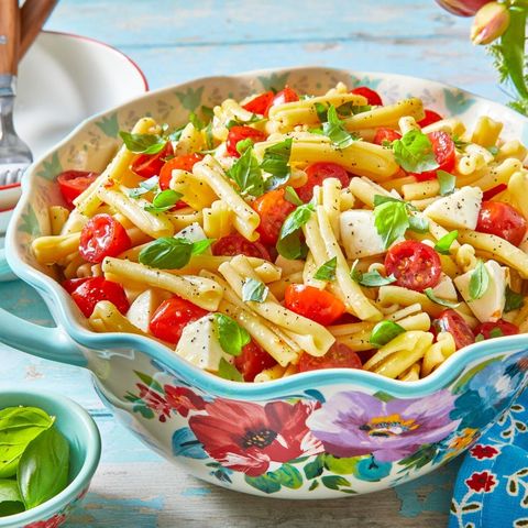 potluck menu caprese pasta salad in floral bowl