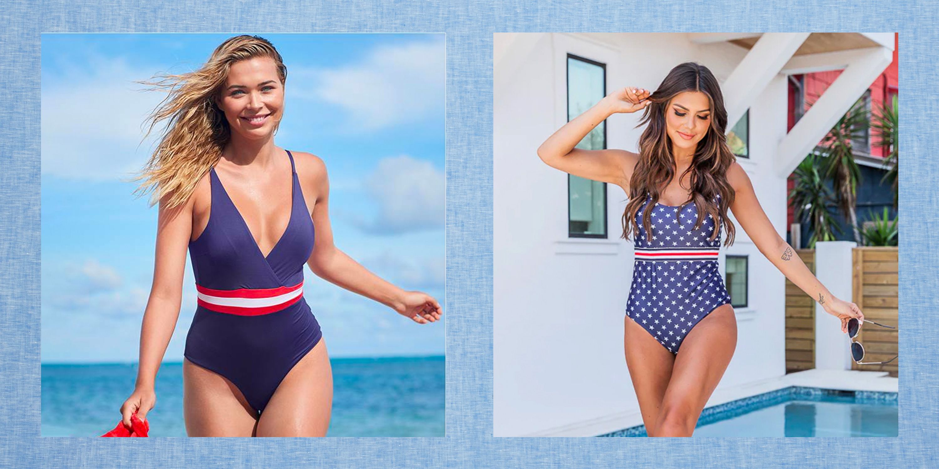 Cheap Women's Swimsuit Plus Size Sexy Blue Print Tank Top High Waist Bikini  Beachwear Bathing Suits