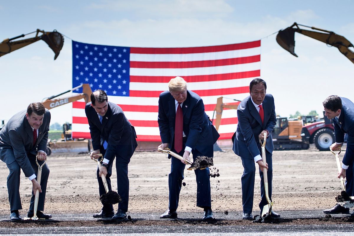 us president donald trump participates in a groundbreaking for a foxconn facility at the wisconsin valley science and technology park june 28, 2018 in mount pleasant, wisconsin photo by brendan smialowski  afp        photo credit should read brendan smialowskiafpgetty images