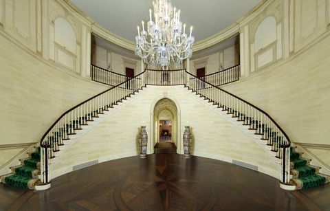 Stairs, Architecture, Building, Interior design, Lighting, Ceiling, Chandelier, Arch, Baluster, Symmetry, 