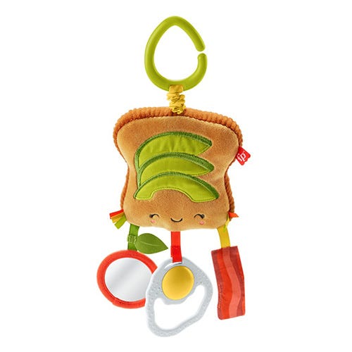 soft toy resembling a slice of bread with attached fun elements