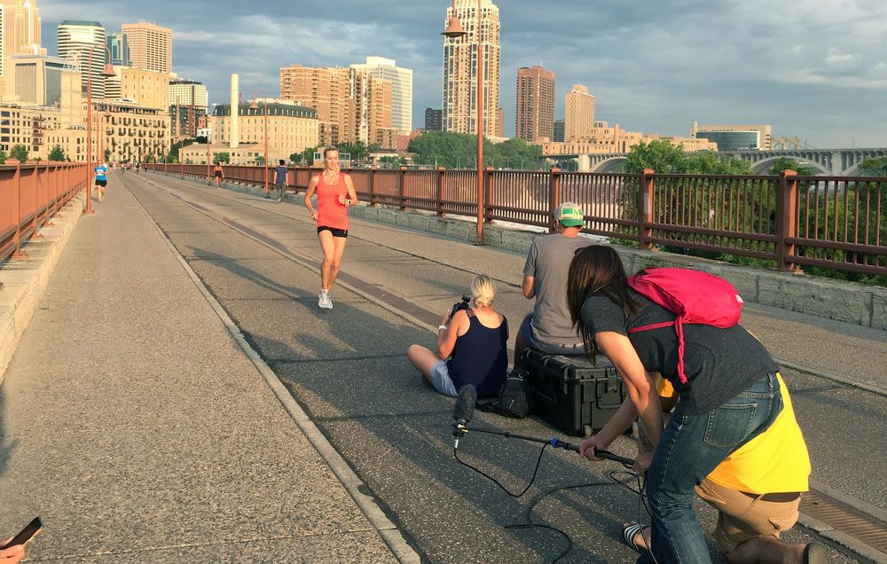 Gruber and Ackerman shooting on the bridge