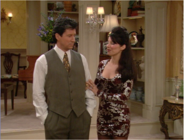 Moschino skirt suit with heart shaped buttons worn by Fran Fine (Fran  Drescher) as seen in The Nanny TV show wardrobe (Season 6 Episode 22)