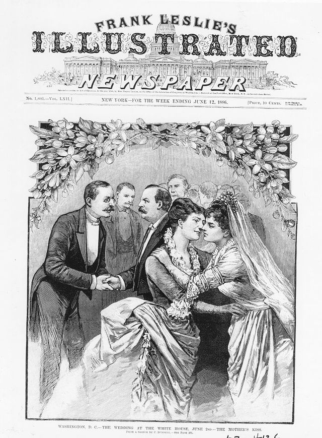 cover of frank leslies illustrated newspaper features an illustraion of the white house wedding us president grover cleveland and frances folsom, washington dc, june 1, 1886 in the image, the brides mother emma folsom kisses her daughter after the ceremony photo by photoquestgetty images