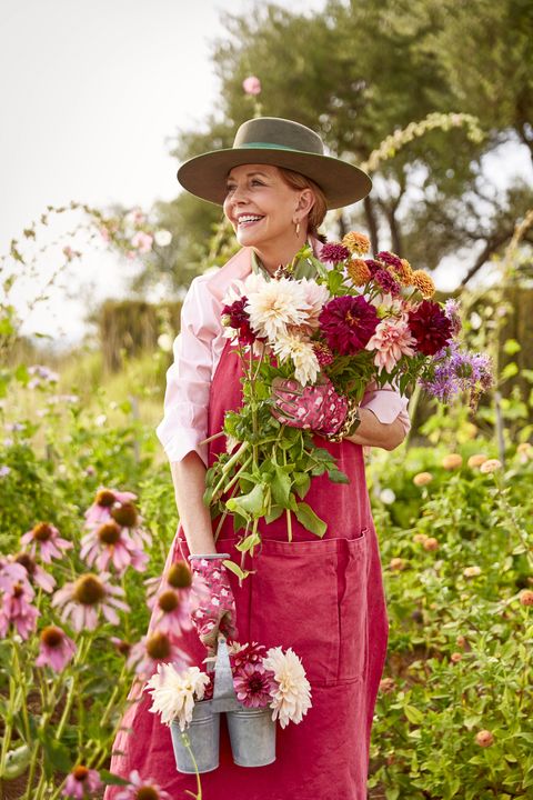 author frances schultz in her dahlia and wildflower garden