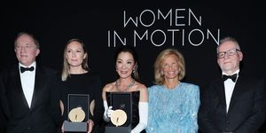 cannes, france may 21 francois henri pinault, carmen jacquier, michelle yeoh, iris knobloch and thierry fremaux pose with the women in motion award during kering and cannes film festival official dinner on may 21, 2023 in cannes, france photo by vittorio zunino celottogetty images for kering