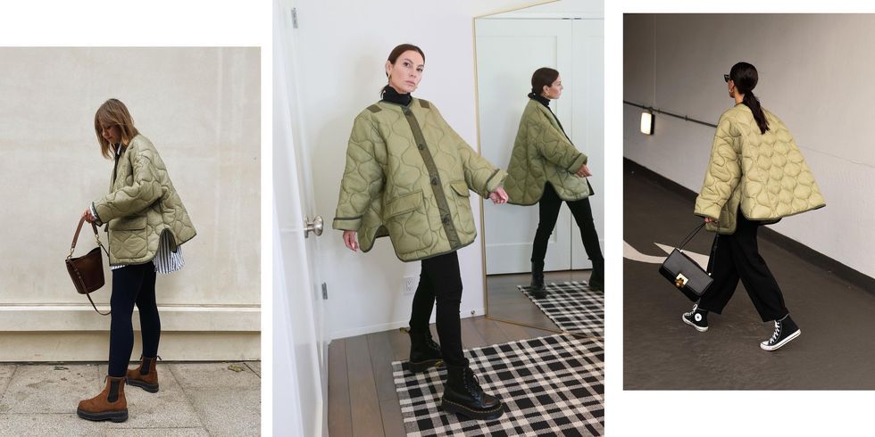 three women wear frankie shop's moss green quilted jacket with black pants in their homes and on the street