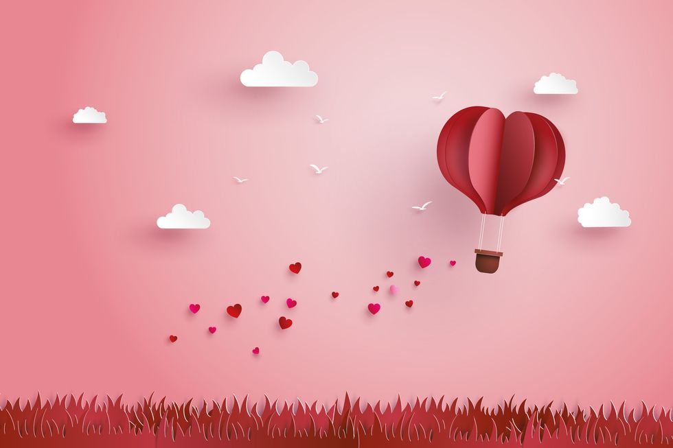 Heart, Pink, Red, Sky, Valentine's day, Balloon, Hot air balloon, Cloud, Love, Petal, 