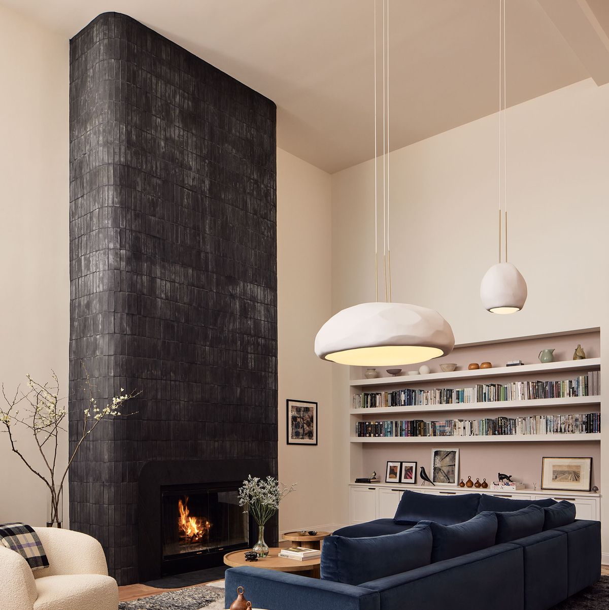 a living room with a fireplace