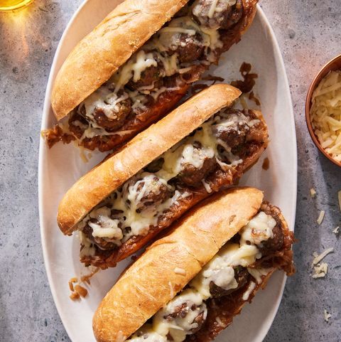 french onion meatball sub with melty gruyere