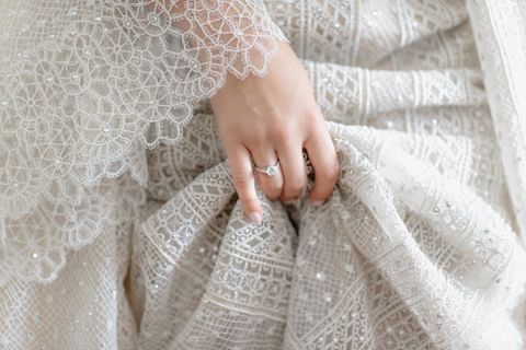 Photograph, Dress, Wedding dress, Hand, Bridal accessory, Lace, Bridal clothing, Finger, Nail, Veil, 