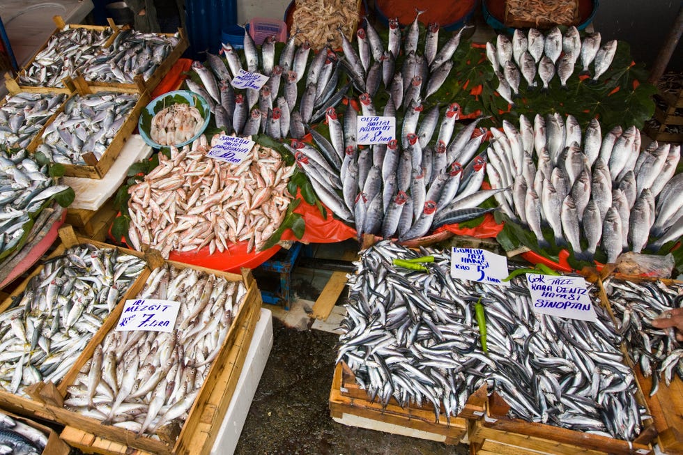 puesto de pescado azul en un mercado de turquía