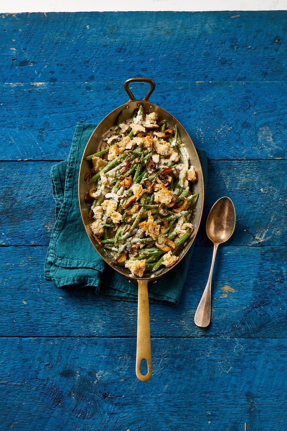 fresh green bean casserole in a skillet