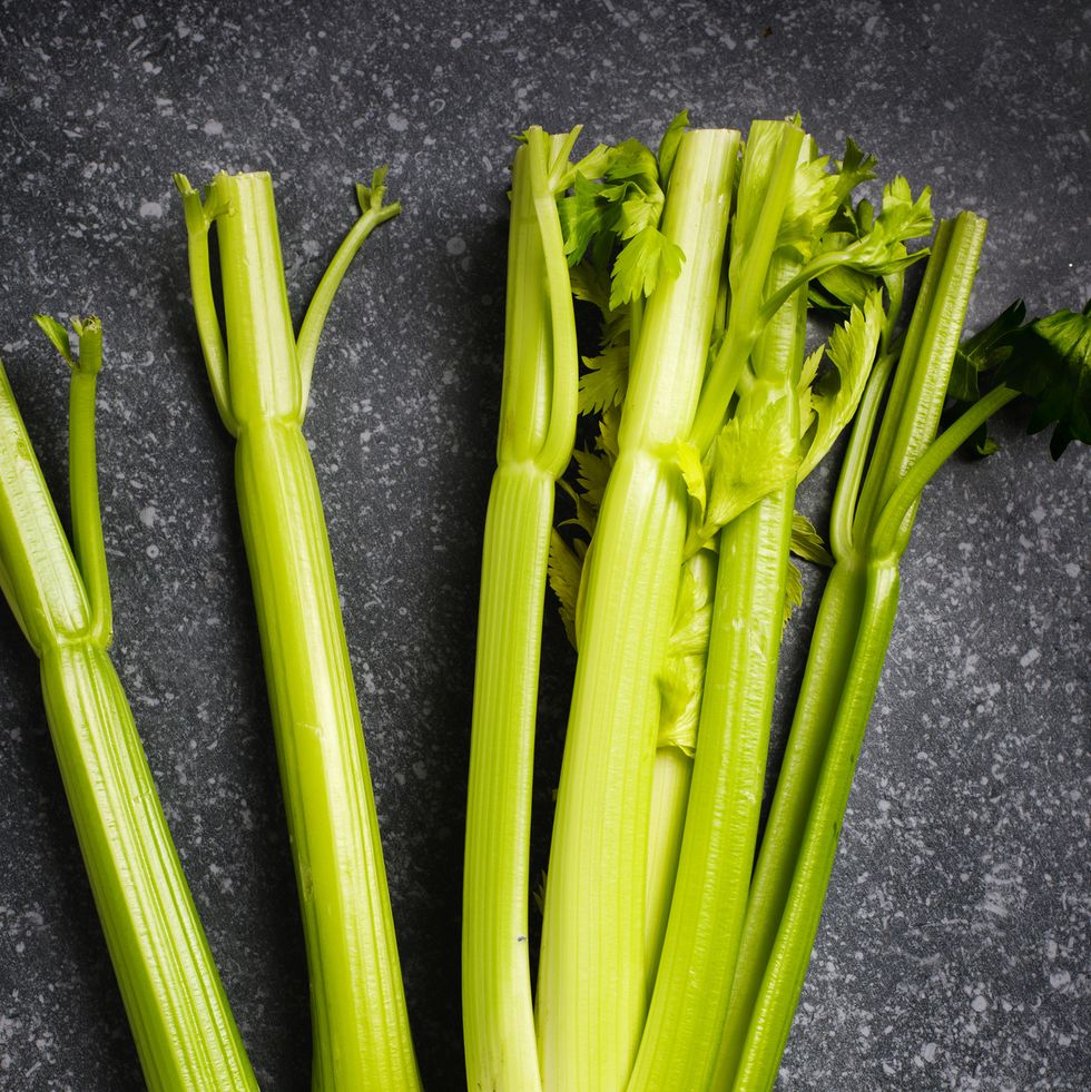 Fresh organic celery on dark grey stone background