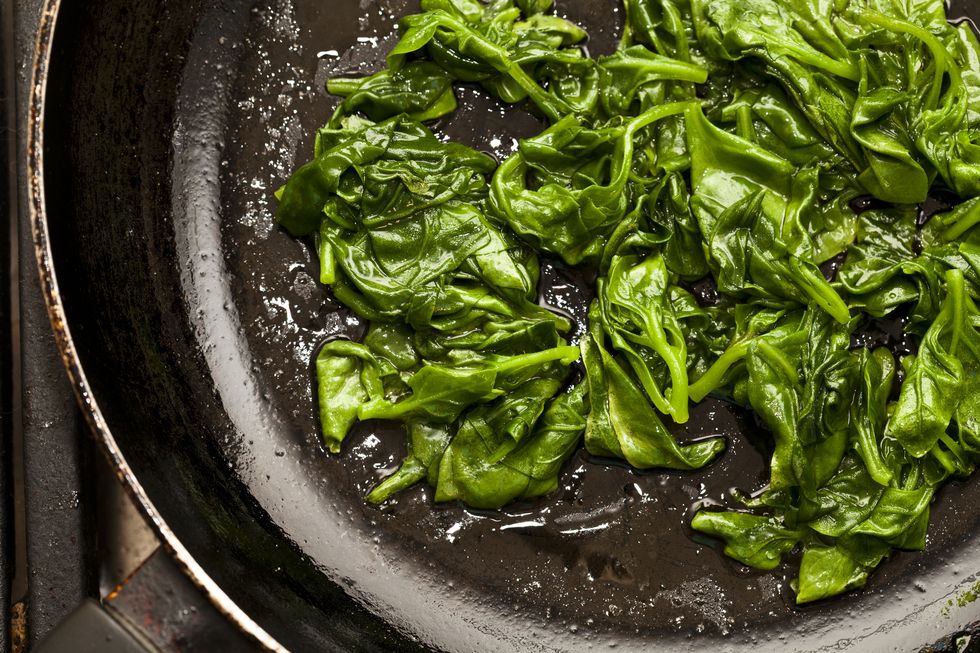 fresh sauted spinach on a pan