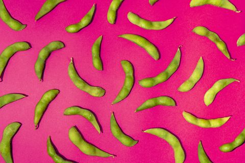 fresh soybeans edamame on fuchsia colored background