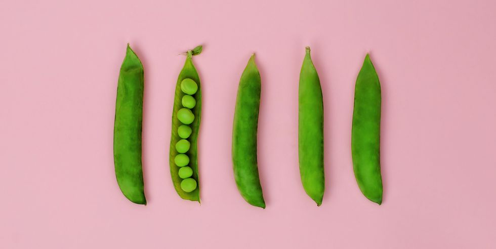 fresh spring peas in a row on a pink background