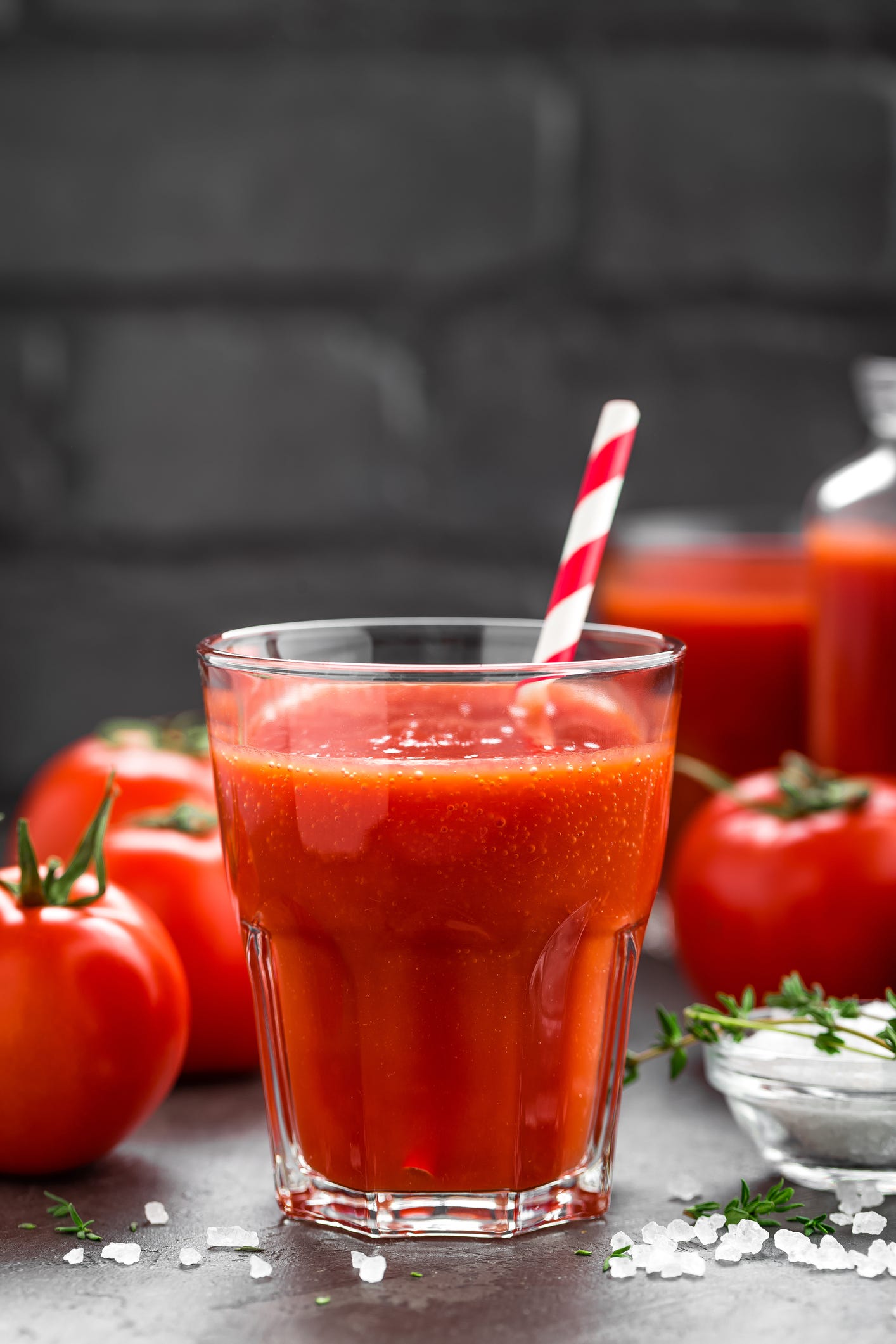 Fresh tomato juice in glass. Vegetable drink