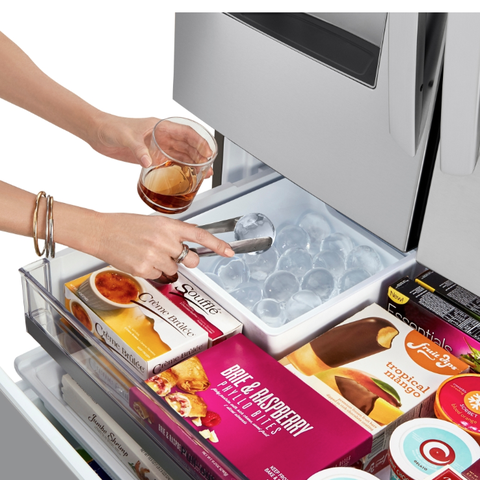 This LG freezer makes large batches of bartender ice balls.