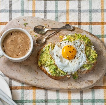 fried eggs on avocado toast, cappuccino