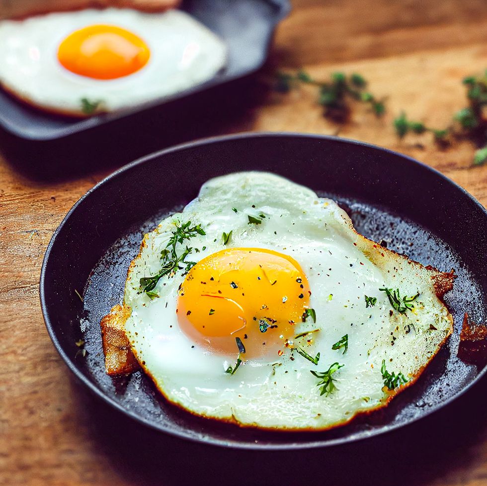 fried eggs, scrambled eggs in a frying pan with seasonings and spices, on a wooden table, close up, rustic style, farm