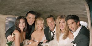 the cast of friends all pictured together in the back of a limo