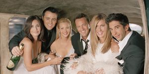 the cast of friends all pictured together in the back of a limo