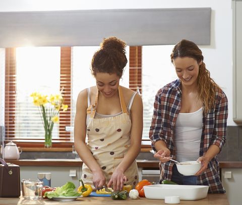 female friends cooking together in kitchen