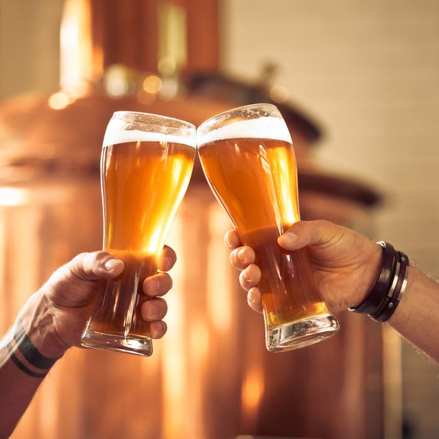 friends toasting with beer glasses in the microbrewery