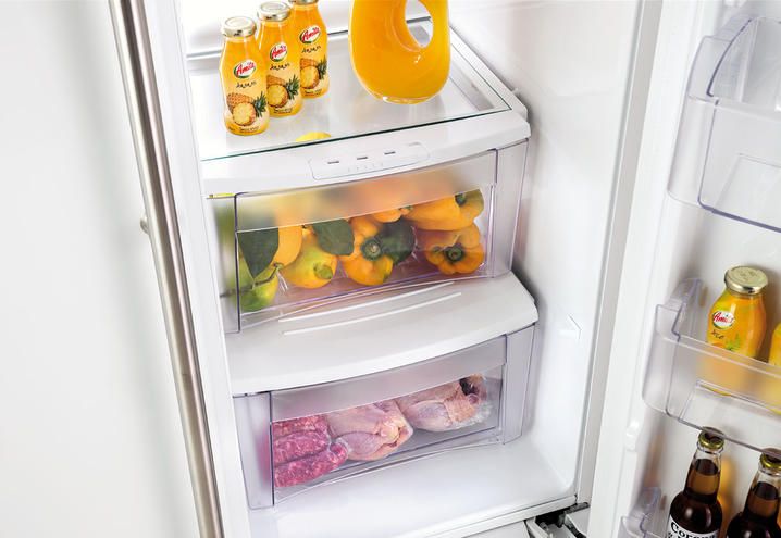 Yellow, Major appliance, Freezer, Kitchen appliance, Refrigerator, Home appliance, Orange, Bottle, Food group, Shelving, 