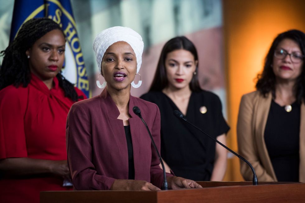 from left, reps ayanna pressley, d mass, ilhan omar, d minn, alexandria ocasio cortez, d ny, and rashida tlaib, d mich, collectively known as "the squad"