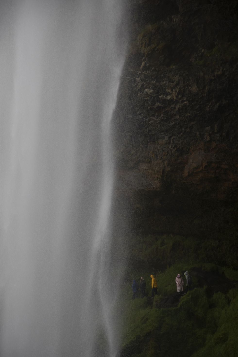 a group of people standing next to a waterfall