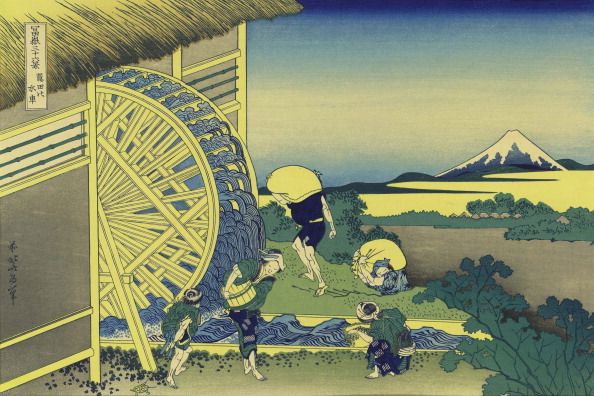 Waterwheel at Onden: 'From 'Thirty-six Views of Mount Fuji', c1831. Katsushika Hokusai (1760-1849) Japanese Ukiyo-e artist. Peasants collect water while others carry sacks to the mill for grinding. Technology Power Water Landscape ...