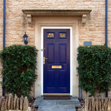 modern blue painted front door flanked by shrubs