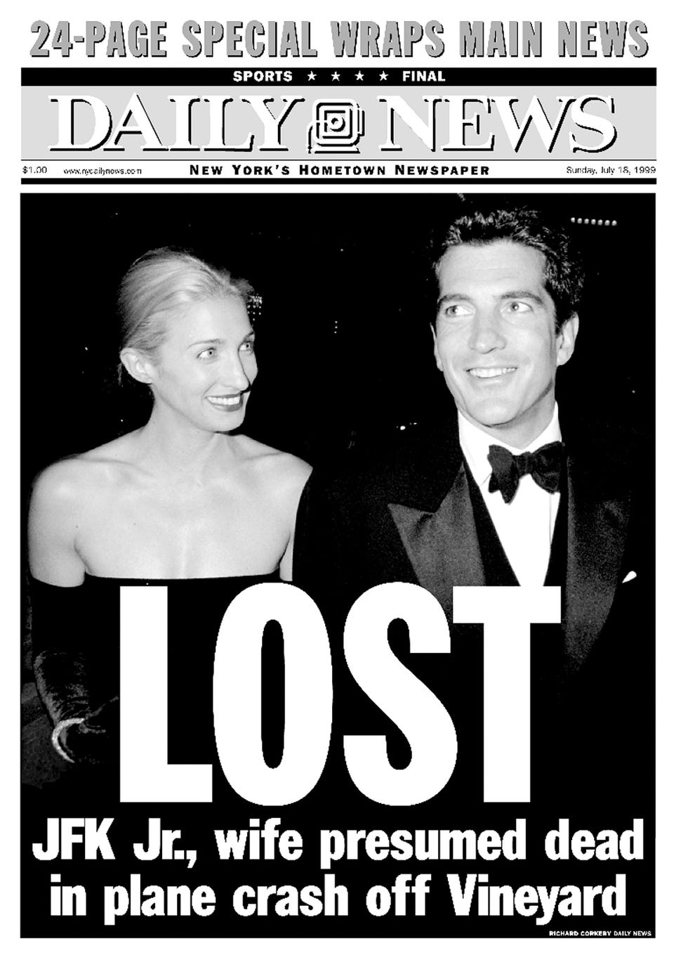 front page of the daily news newspaper features a photo of caroline kennedy and john f kennedy jr smiling and wearing formal attire, headline reads lost jfk jr, wife presumed dead in plane crash off vineyard