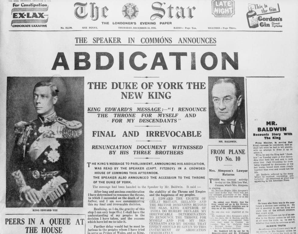 Newspaper with headline about King Edward's abdication