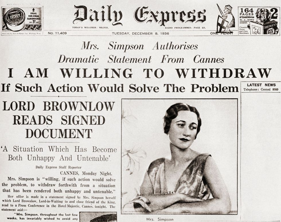 front page story from the daily express of december 8th, 1936 issuing a statement from mrs simpson offering to " withdraw from a situation that has been rendered both unhappy and untenable", this referred to her affair with king edward viii of england