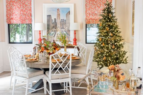Christmas decoration, White, Christmas tree, Room, Orange, Home, Interior design, Furniture, Tree, Branch, 