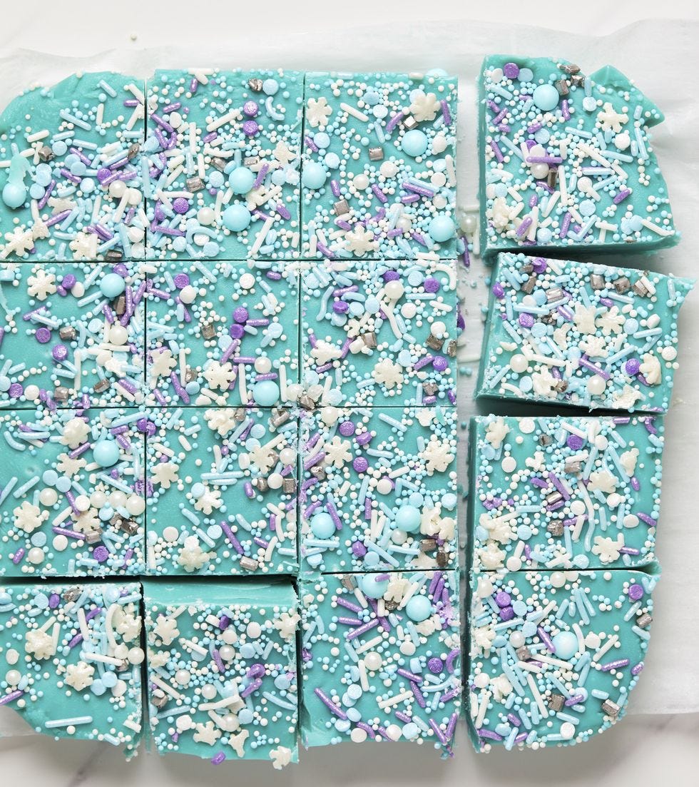 light blue fudge decorated with purple, white, and light blue sprinkles