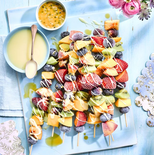 frozen fruit kebabs with hot white chocolate sauce