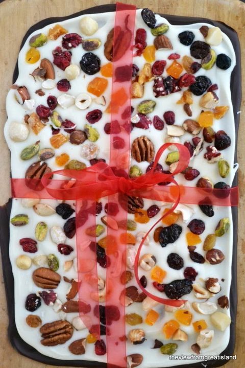 fruit cake bark with red ribbon